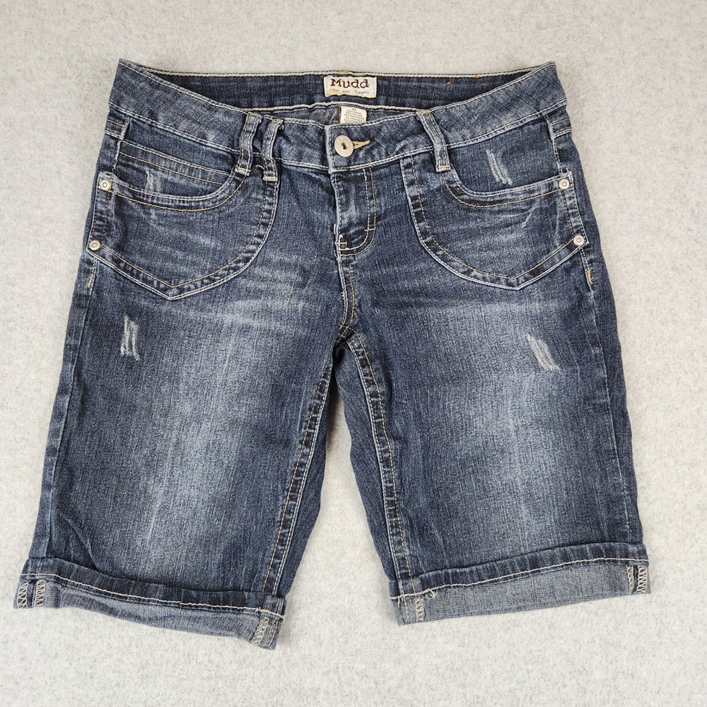 Mudd Womens Bermuda Denim Shorts Dark Wash Distressed Embroidered Size 11
